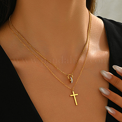 Stainless Steel Crystal Rhinestone Cross Pendant Double Layer Necklaces for Women&nbsp;BW9176