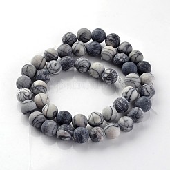 Frosted Natural Black Silk Stone/Netstone Round Beads Strands&nbsp;G-E330-8mm-04