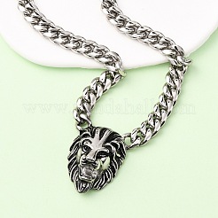 304 Stainless Steel Lion Head Pendant Cuban Link Chain Necklaces&nbsp;NJEW-C099-05AS