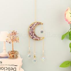 Copper Wire Wrapped Natural Amethyst Chips Moon Suncatcher&nbsp;HJEW-H065-02G-02