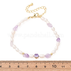 Natural Lavender Amethyst Chip and Rice Natural Pearl Beaded Bracelets&nbsp;GG-CBA3297-13G-G