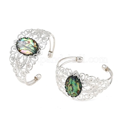 Oval Natural Paua Shell Brass Hollow Floral Cuff Bangles for Women&nbsp;BJEW-JB14503-02