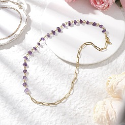 Handmade Natural Amethyst Chip Beads & 304 Stainless Steel Paperclip Chain Necklaces&nbsp;NJEW-JN05499-01