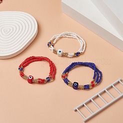 3Pcs 3 Color Evil Eye Lampwork & Glass Seed & Brass Beaded Triple Layer Multi-strand Bracelets Set for Women&nbsp;BJEW-JB09252