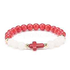 Natural White Jade & Gemstone & Synthetic Turquoise(Dyed) Stretch Bracelet with Cross&nbsp;BJEW-JB08295
