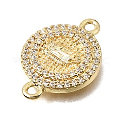 Brass Micro Pave Clear Cubic Zirconia Religion Flat Round Connector Charms&nbsp;KK-E802-31A-G