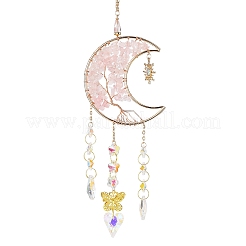 Moon with Tree of Life Natural Rose Quartz Chip Pendant Decorations&nbsp;AJEW-Q143-06