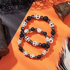 2Pcs Halloween Skull Synthetic Turquoise & Round Lava Rock & Synthetic Non-Magnetic Hematite Beaded Stretch Bracelet Sets for Women&nbsp;BJEW-JB10656