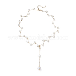 304 Stainless Steel & Plastic Imitation Pearl Link Chain Round Pendant Y Necklaces&nbsp;NJEW-JN05419