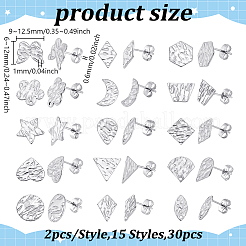 30Pcs 15 Style 304 Stainless Steel Textured Stud Earrings Findings with Hole&nbsp;STAS-UN0002-32