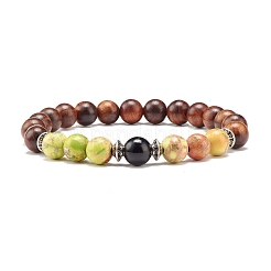 Natural Mixed Stone & Wood Round Beads Stretch Bracelet&nbsp;BJEW-JB07135