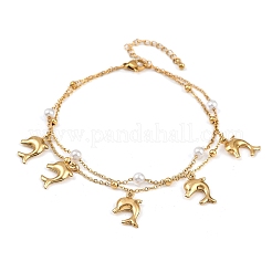 304 Stainless Steel with Acrylic Bead Double Layer Dolphin Charm Anklets for Women&nbsp;AJEW-G069-01G