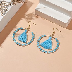 Glass Seed Braided Ring & Polycotton Tassel Dangle Earrings&nbsp;EJEW-MZ00051