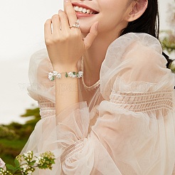 Shell Pearl Flower with Leaf Charm Bracelet with Bar Link Chains&nbsp;BJEW-TA00215