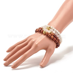 4Pcs 4 Style Natural Quartz Crystal & Lava Rock & Wood Round Beaded Stretch Bracelets Set with Heart&nbsp;BJEW-JB07623