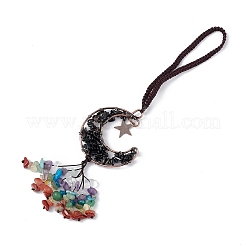 Natural Dyed & Heated Black Agate Moon with Mixed Gemstone Chips Tassel Pendant Decorations&nbsp;G-L524-07R-A01
