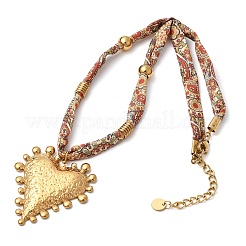304 Stainless Steel Heart Pendant Printed Silk Ribbon Necklaces for Women&nbsp;NJEW-A063-11G
