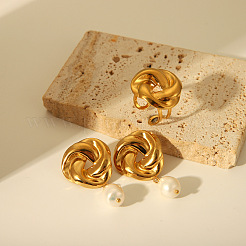 Knot 304 Stainless Steel Fresh Water Pearl Stud Earrings & Cuff Rings Sets&nbsp;FS-WG79482-01