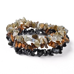 Chips Natural Labradorite & Snowflake Obsidian & Tiger Eye Beaded Stretch Bracelets Sets&nbsp;BJEW-JB05332-05