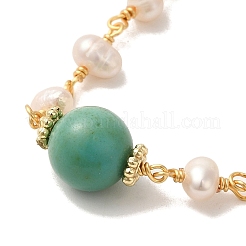 Synthetic Turquoise Round Link Bracelets with Natural Pearl&nbsp;BJEW-C051-14G