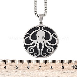 201 Stainless Steel Black Enamel Flat Round with Octopus Pendant Necklaces&nbsp;NJEW-K283-31P