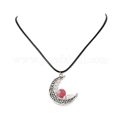 4Pcs 4 Colors Round Natural Dyed Green Jade & Heated Citrine & Hemimorphite & Moonstone Alloy Hollow Moon Pendant Black Waxed Cord Necklaces for Women&nbsp;NJEW-TA00262