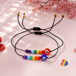 2Pcs Pride Month Evil Eye Glass Seed Beaded & Handmade Lampwork Braided Bead Bracelets&nbsp;MO7433-2