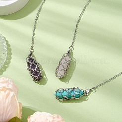 304 Stainless Steel Chain Macrame Pouch Bullet Natural Rose Quartz & Amethyst & Synthetic Turquoise Holder Dowsing Pendulums&nbsp;PALLOY-JF02881
