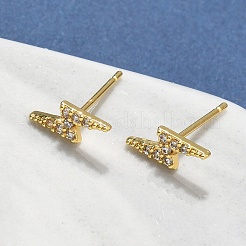 Lightning Bolt Brass Micro Pave Clear Cubic Zirconin Stud Earrings&nbsp;EJEW-D318-07G