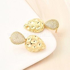 Brass Clear Cubic Zirconia Groove Teardrop Stud Earrings&nbsp;EJEW-C147-05G