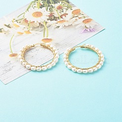 Natural Pearl Beads Brass Hoop Earrings&nbsp;EJEW-JE04565