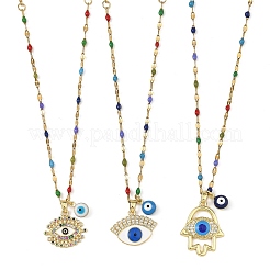 3Pcs 3 Styles Brass Enamel Blue Evil Eye Pendant 304 Stainless Steel Dapped Chain Necklaces&nbsp;NJEW-JN06521