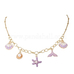 Ocean Alloy Enamel Whale Tail Shell Shape Starfish Pendant Brass Cable Chain and 304 Stainless Steel Satellite Chain Bib Necklaces for Women&nbsp;NJEW-JN05815-03