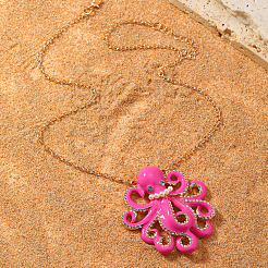 Ocean Beach Zinc Alloy Hot Pink Octopus Pendant Necklaces for Women&nbsp;JW6397