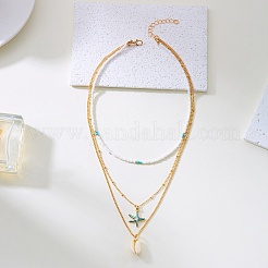 Summer Beach Alloy Starfish & Natural Shell Pendant Glass Seed Beaded 3 Layer Necklaces for Women&nbsp;FS-WGF3BD7-06