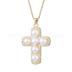 Brass & ABS Imitation Pearl Religion Cross Pendant 304 Stainless Steel Cable Chain Necklaces&nbsp;NJEW-JN05413