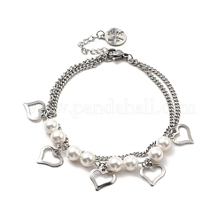 CCB Pearl Beads & 304 Stainless Steel Charms Double Layer Multi-strand Bracelet with Curb Chains for Women&nbsp;BJEW-C025-02P