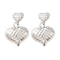 Textured Heart Brass Micro Pave Clear Cubic Zirconia Dangle Stud Earrings&nbsp;EJEW-Z099-02P-01