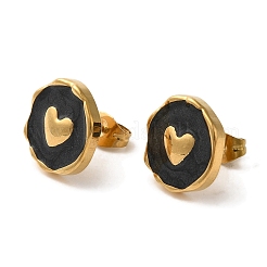 Ion Plating(IP) 304 Stainless Steel Flat Round with Heart Stud Earrings&nbsp;EJEW-C114-15G-01