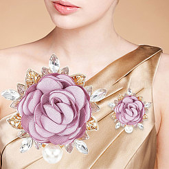 Cloth Rose with Crystal Rhinestone Brooch Pin&nbsp;JEWB-WH0028-13LG