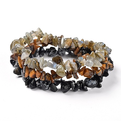 Chips Natural Labradorite & Snowflake Obsidian & Tiger Eye Beaded Stretch Bracelets Sets&nbsp;BJEW-JB05332-05-1
