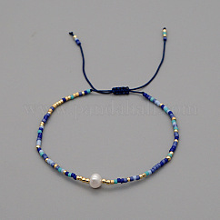 Adjustable Glass Seed Bead Braided Bead Bracelets for Women, with Natural Freshwater Pearls & Brass, Colorful, 11.02 inch(28cm)