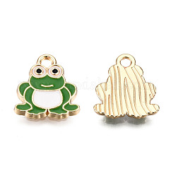 Alloy Enamel Charms, Cadmium Free & Lead Free, Frog Shape, Light Gold, Green, 14.5x13x2mm, Hole: 1.8mm
