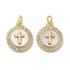 Brass Micro Pave Cubic Zirconia Pendants, with Shell and Jump Ring, Real 16K Gold Plated, Cross, 15x12.5x3mm, Hole: 3.5mm