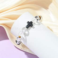 8MM Round Natural Quartz Crystal & Tiger Eye & Dyed Synthetic Turquoise Black Cross Beaded Stretch Bracelets for Women Men&nbsp;BJEW-TA00741
