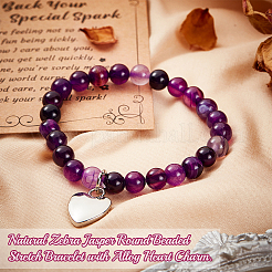 Natural Striped Agate Round Beaded Stretch Bracelet with Alloy Heart Charm&nbsp;BJEW-OC0001-09C