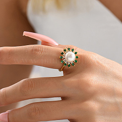 Brass Micro Pave Green Cubic Zirconia Flower Finger Ring&nbsp;KF3453-1