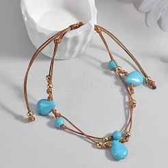 Bohemian Style Teardrop Synthetic Turquoise & CCB Plastic Round Waxed Cord Braided Double Layer Anklets for Women&nbsp;FS-WGDC0FD-01