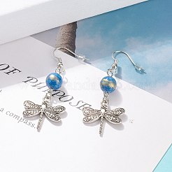 Round Natural Mashan Jade with Alloy Dragonfly Dangle Earrings&nbsp;EJEW-JE04855-04