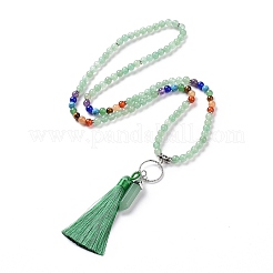 Natural Green Aventurine Bullet & Tassel Pendant Necklace with Mixed Gemstone Beaded Chains&nbsp;NJEW-E585-02D